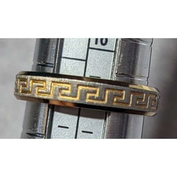 Stainless Steel Greek Key Engraved Gold Tone Fashion Ring Size 6 - Picture 9 of 11